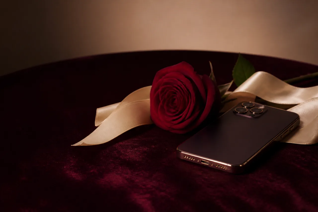 Teléfono, rosa borgoña y seda crema en una composición editorial
